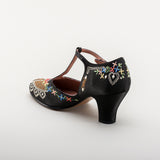 Daisy Embroidered T-Straps (Black)
