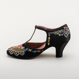 Daisy Embroidered T-Straps (Black)